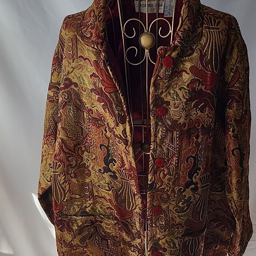 Vtg  Tapestry Lightweight Button Up Jewel Toned Jacket with Satin Lining
